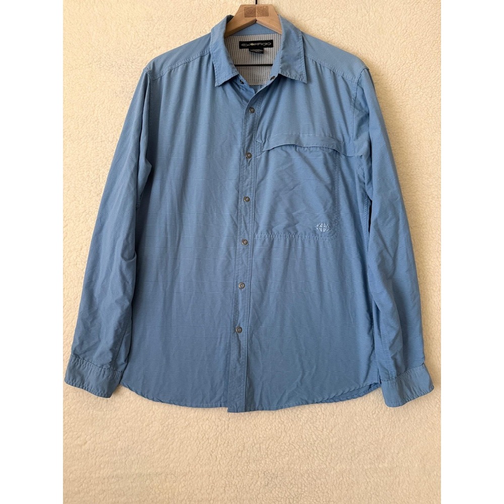 ExOfficio Shirt Mens Medium Blue Nylon Mesh Vented Long Sleeve Button Up Travel